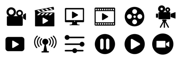 kamera, video, film, film, clapperboard, monitör, makara, tripod, play, anten, sliders, pause, record, simge, sign, black, illustration, set, collection, ema, entertainment, media, production, industrial, equipment, technology, digital, streaming, applica, applica