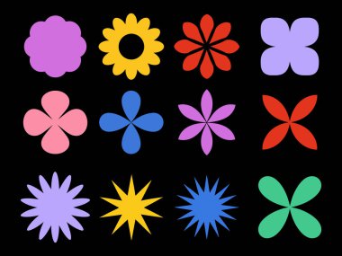 Big vector set of brutalist geometric shapes. Trendy abstract minimalist figures, stars, flowes, circles. Modern abstract graphic design elements.Vector illustration