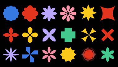 Big vector set of brutalist geometric shapes. Trendy abstract minimalist figures, stars, flowes, circles. Modern abstract graphic design elements.Vector illustration