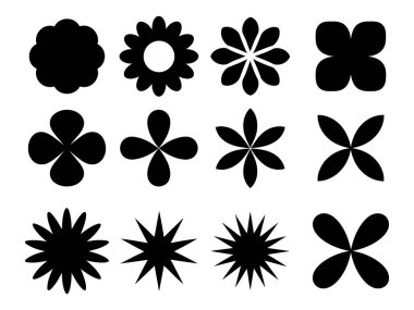 Big vector set of brutalist geometric shapes. Trendy abstract minimalist figures, stars, flowes, circles. Modern abstract graphic design elements.Vector illustration