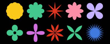 Big vector set of brutalist geometric shapes. Trendy abstract minimalist figures, stars, flowes, circles. Modern abstract graphic design elements.Vector illustration