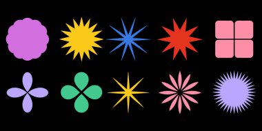 Big vector set of brutalist geometric shapes. Trendy abstract minimalist figures, stars, flowes, circles. Modern abstract graphic design elements.Vector illustration