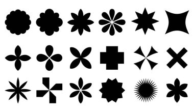 Big vector set of brutalist geometric shapes. Trendy abstract minimalist figures, stars, flowes, circles. Modern abstract graphic design elements.Vector illustration