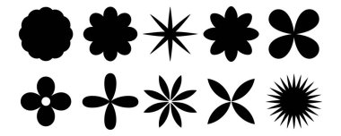 Big vector set of brutalist geometric shapes. Trendy abstract minimalist figures, stars, flowes, circles. Modern abstract graphic design elements.Vector illustration