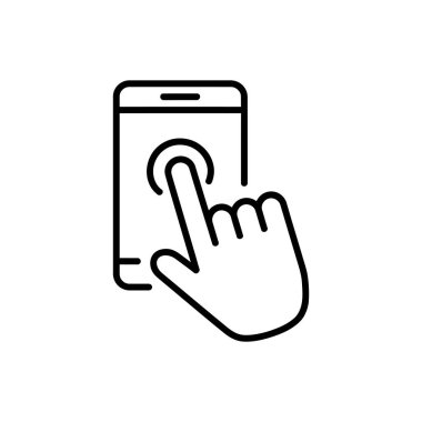 Parmak, akıllı telefon hattı ikon vektörünün ekranına dokunur. Mobil satır simgesi vektörüne tıklayın