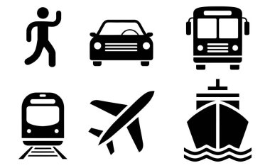 Ulaşım siyah beyaz simge kümesi vektörü. Araba, otobüs, tren, uçak, gemi sembolü beyaz arka planda izole edilmiş.