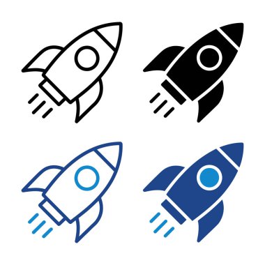 Roket Simgelerini Başlat. Fırlatma, Büyüme, Uzay Seyahati ve İş Başarı Düz Vektör Sembolleri