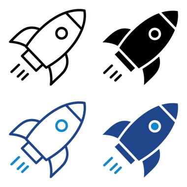 Roket Simgelerini Başlat. Fırlatma, Büyüme, Uzay Seyahati ve İş Başarı Düz Vektör Sembolleri