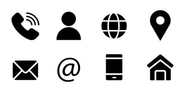 Bağlantı hattı simgeleri. Temas işareti vektörü ayarlandı. Telefon numarası sembolü. E- posta logosu. Posta zarfı işareti. Konum adres çizgisi simgesi ayarlandı