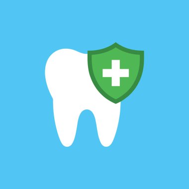 Mavi arkaplanda izole edilmiş kalkan simgesi olan dişler. Diş koruma, bakım, sağlık sembolü vektörü