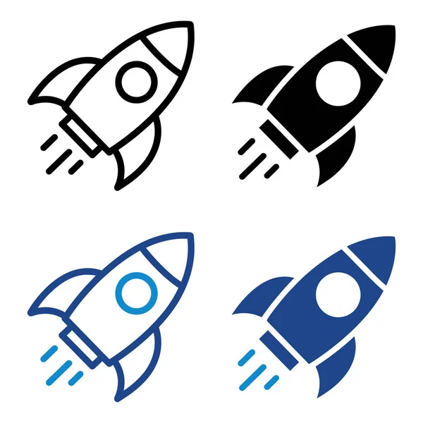 Roket Simgelerini Başlat. Fırlatma, Büyüme, Uzay Seyahati ve İş Başarı Düz Vektör Sembolleri