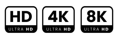 Modern medya ve teknoloji uygulamaları için HD, 4K ve 8K çözünürlük simgeleri.