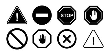 Vektör Güvenliği Simgesi ayarlandı. Dikkat İşaretleri, Tehlike Alarmları ve Acil Durum Sembolleri. Dikkat uyarı işareti vektör çizimi. Güvenlik uyarısı simgesi tasarımı