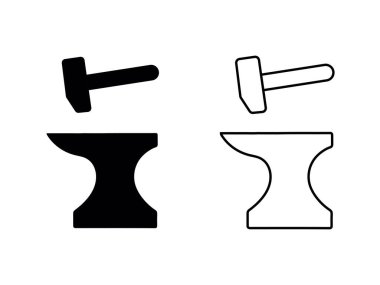 Demirci Vektör Simgeleri. Çekiç, örs, sert işçilik için dövme aletleri. Örs silueti, çekiç sembolü.