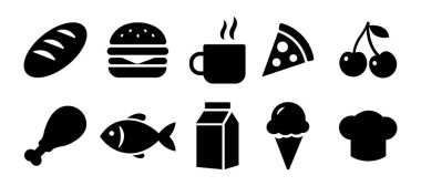 Yiyecek ve içecek ikonlarının siyah renkli taşıyıcı sanatı