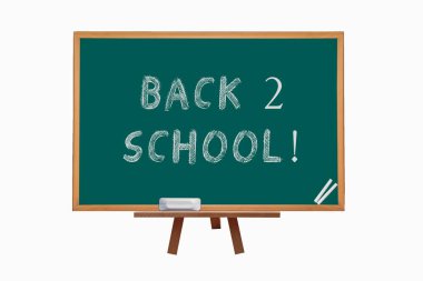 Tebeşir ve silgiyle yeşil karatahta ile izole arkaplan üzerine okul metni