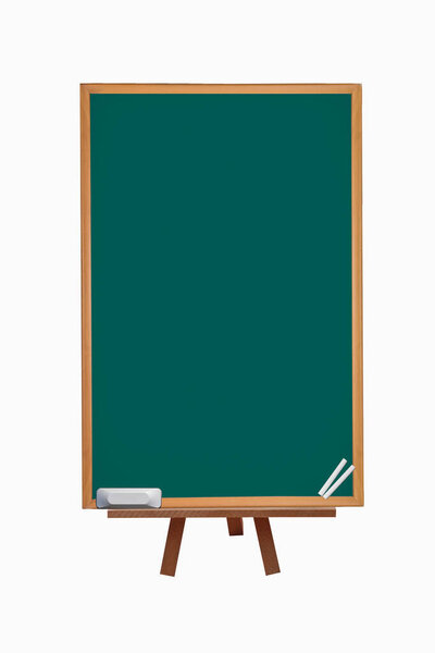 Green blackboard vertical with chalk and eraser on easel with back to school text on isolated background