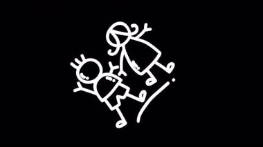 İki oyuncu sopa figürü bir oğlan ve bir kız neşeyle siyah bir arkaplanda el ele tutuşuyorlar.