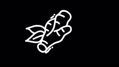 Siyah arkaplanda yaprakları olan zencefil kökü tutan bir elin minimalist çizimi.