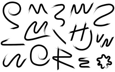 Beyaz bir arkaplanda rastgele dizilmiş çeşitli el yapımı siyah fırça darbeleri ve soyut şekiller..