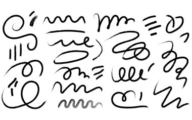 A diverse set of black ink abstract doodles, swirls, lines, and scribbles on a white background.