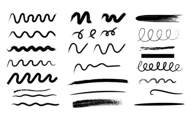 A set of diverse black ink brush strokes and scribbled lines on a white background.