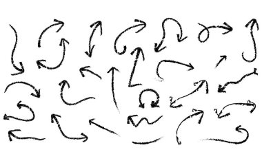 A diverse assortment of rough, hand-sketched directional pointers in black ink on a white background.