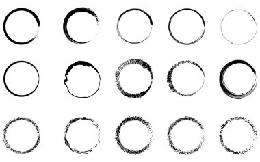 Bir dizi sıkıntılı dairesel şekiller, pürüzlü kenarlar ve desenli dolgular, beyaz üzerinde sunulur..