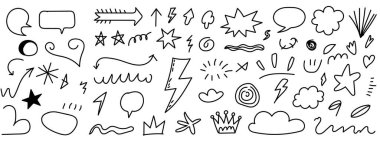 Çeşitli el yapımı karalama şekilleri, konuşma baloncukları ve yaratıcı projeler için mükemmel dekoratif elementler..