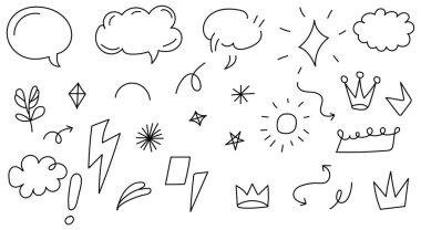 Konuşma baloncukları içeren el çizimi elementler yıldızlar taçlanır ve şimşekler çakar