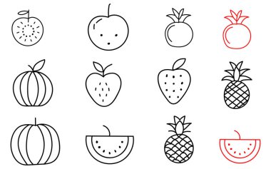 Elle çizilmiş meyve örnekleri koleksiyonu. İçinde elmalı karpuz ve ananas var.