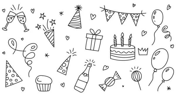 Doğum günü partisi öğeleri ve kutlama sembollerinin el çizimi.