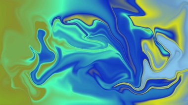 Sarı röfleli ve akışlı soyut mavi ve yeşil sıvı sanat
