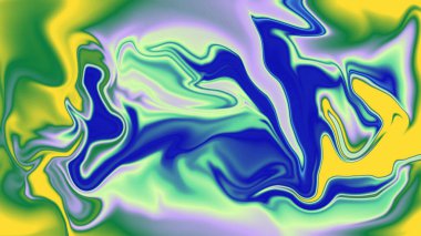 Mavi yeşil ve sarı kıvrımlar dinamik bir hareket yaratıyor.