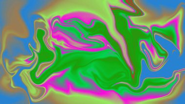 Yeşil, pembe ve mavi kıvrımlı, canlı, soyut girdaplar. Karmaşık ama ahenkli.