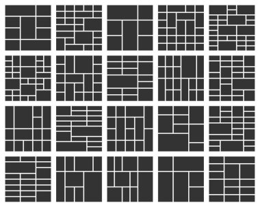 Çeşitli görüntü ve albüm ihtiyaçları için yirmi adet özelleştirilebilir fotoğraf ızgarası şablonu seti.