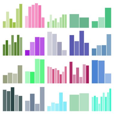 Verileri, eğilimleri ve iş ilerlemesini gösteren çeşitli renkli çubuk grafiklerinin toplanması.