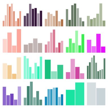 Veri analizini sembolize eden çeşitli renklerde yirmi farklı çubuk grafiği.