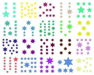 Yıldız desenlerinin canlı bir koleksiyonu, değişik boyutlarda, ve tasarım için parlak renkler.
