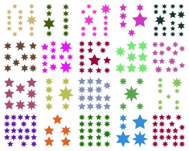 Parlak renk aralığında çeşitli yıldız simgeleri, tasarım elementleri ve desenleri için ideal.