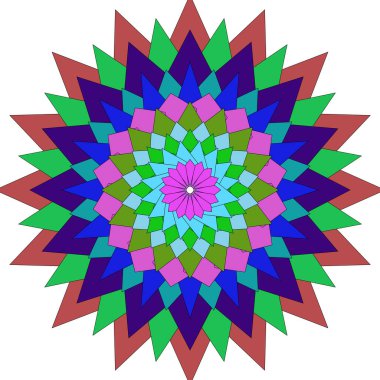 Karmaşık radyal tasarımı olan çok renkli soyut yıldız şekilli geometrik desen.