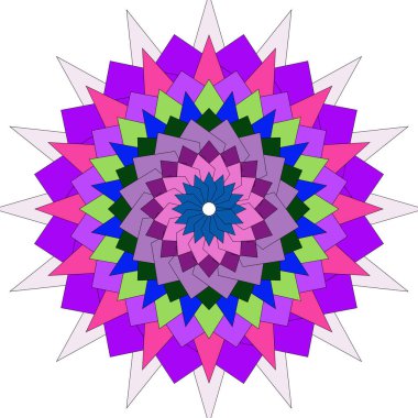 Canlı renklere ve katmanlı açısal şekillere sahip karmaşık bir soyut geometrik mandala.
