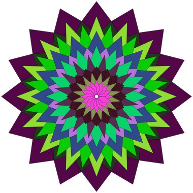 Karmaşık geometrik şekiller ve radyal simetri ile canlı soyut mandala benzeri desen.