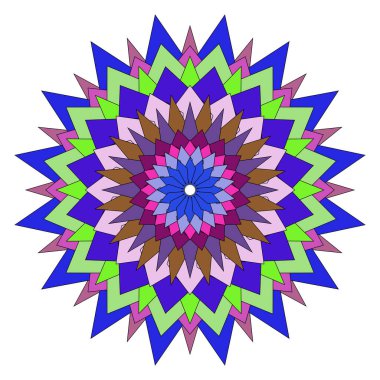 Canlı, simetrik, soyut çizimler karmaşık bir geometrik deseni gösteriyor..