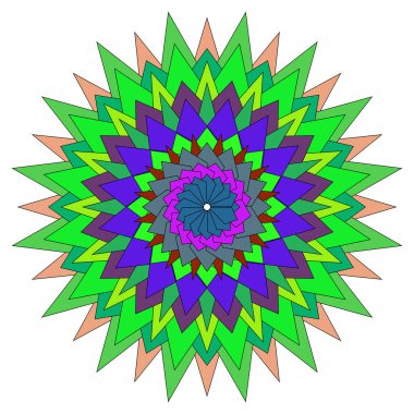 Karmaşık tasarım ve renkli elementlerle soyut, enerjik geometrik dairesel desen.