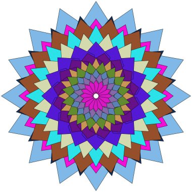 Simetrik düzende canlı üçgenlerden oluşan renkli soyut geometrik yıldız deseni.