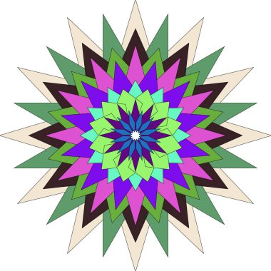 Konsantrasyon katmanları ve simetrisi olan karmaşık, enerjik, soyut bir yıldız patlaması deseni..