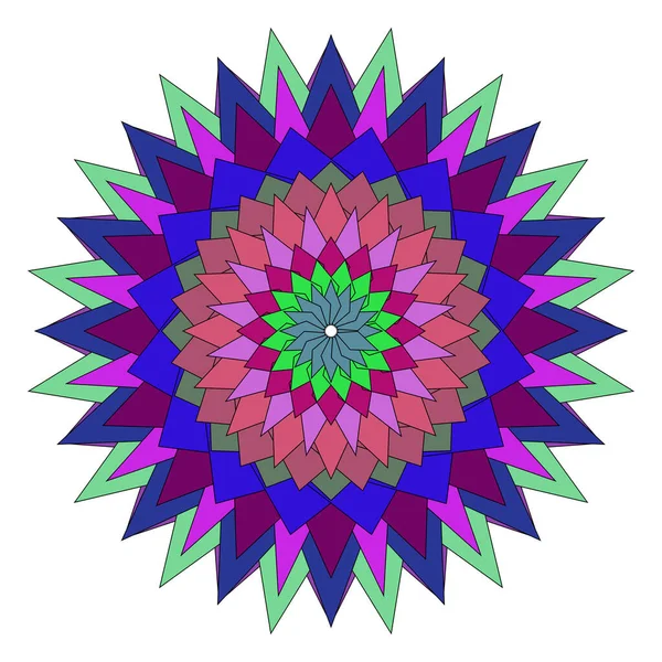 Canlı, karmaşık, soyut geometrik mandala katmanlı yıldız şekilleri ve canlı renkler içerir..