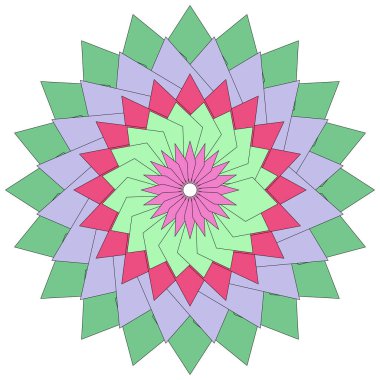 Sanatsal detaylara sahip parlak geometrik renk tasarımları kullanılarak oluşturulan simetrik soyut mandala çiçeği