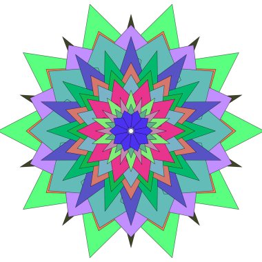 Renkli soyut mandala çiçeği çizimi katmanlı simetrik dekoratif geometrik sanatsal ayrıntıları gösteriyor